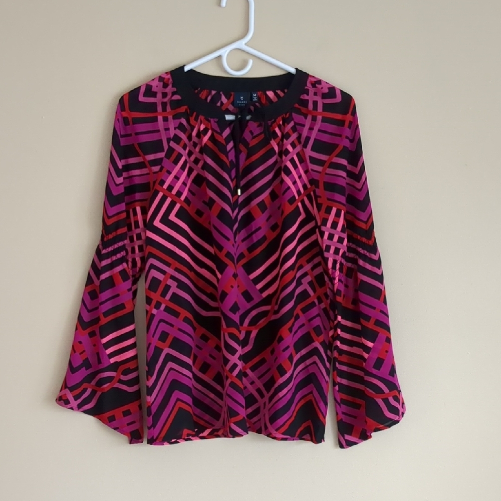 Medium Kaari Blue Top Geometric Print Shirt Black Pink Red Bell Sleeve Top